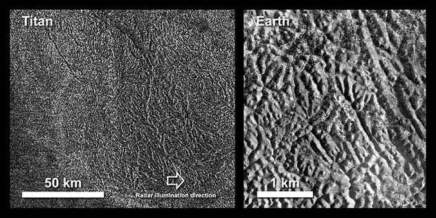 科学家使用卡西尼探测器拍摄的土卫六表面图像(图左)揭晓了神秘迷宫地形形成之谜，含有化学成分的降雨不断侵袭土卫六峡谷。图右是地球上存在类似的迷宫地形。
