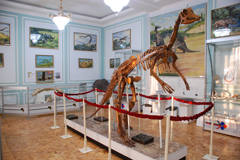 脊椎动物大厅中央陈列的食草鸭嘴龙化石骨架,塔什干地质博物馆
