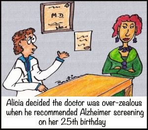 Cartoon of Alicia meeting a new doctor who wants to screen for Alzheimer disease on her 25th birthday