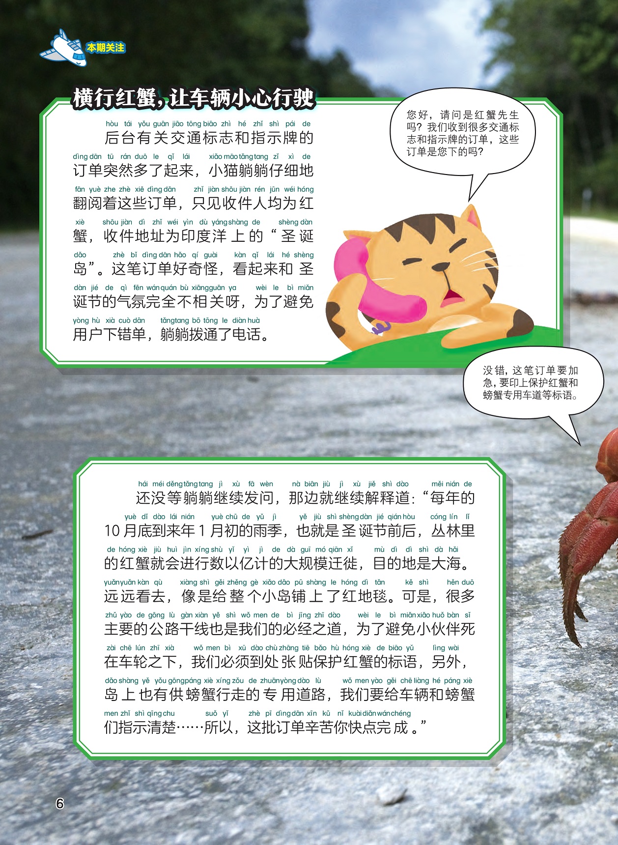 横行红蟹让车辆小心行驶,张贴保护红蟹的标语