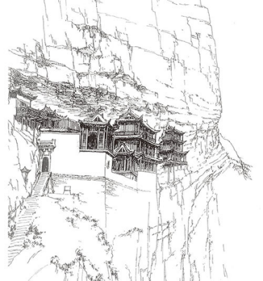 深山藏古寺的画素描图片