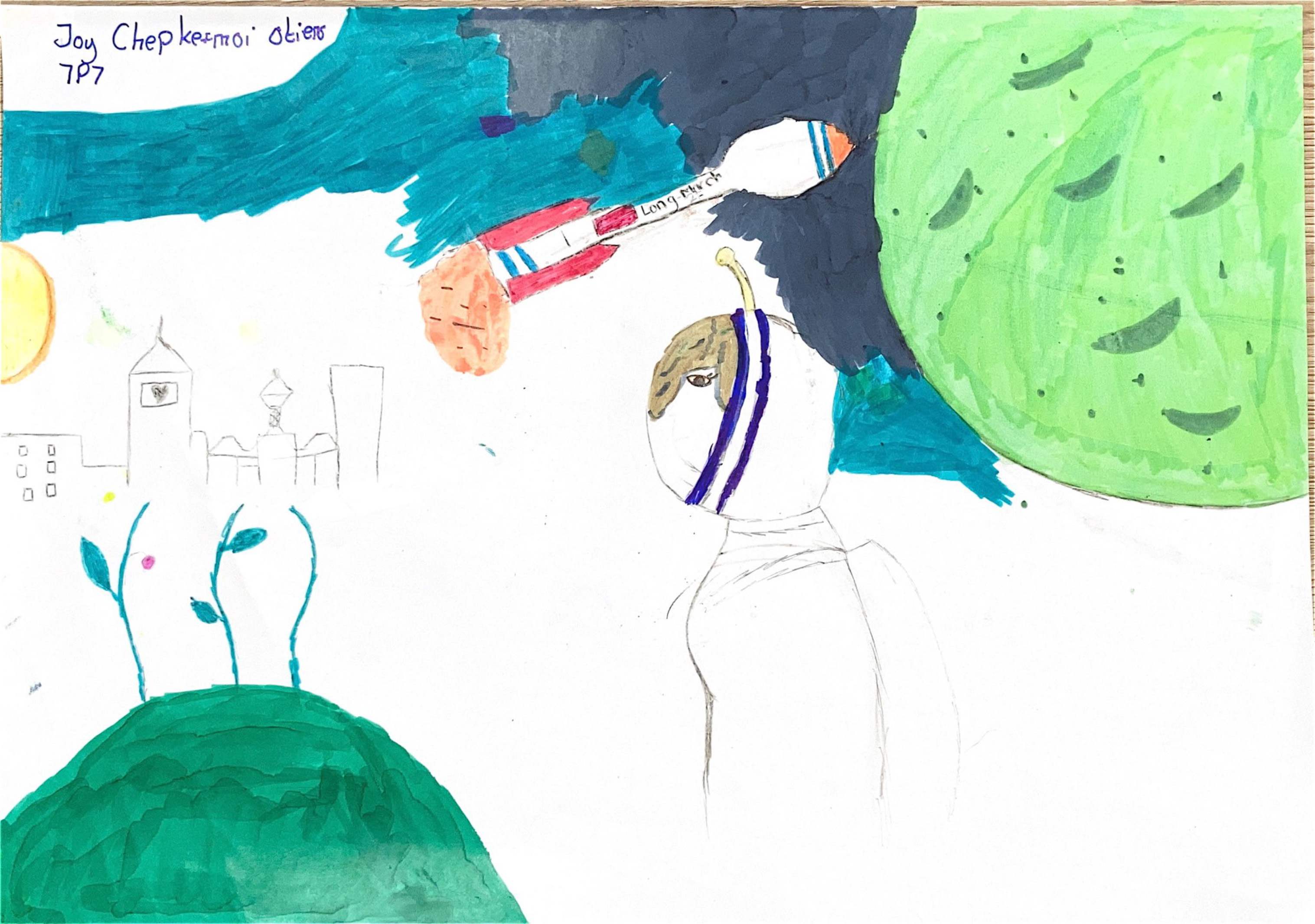 航天日绘画作品《蓝色太空，绿色星球》,肯尼亚乔伊·切普克莫伊（Joy Chepkemoi）
