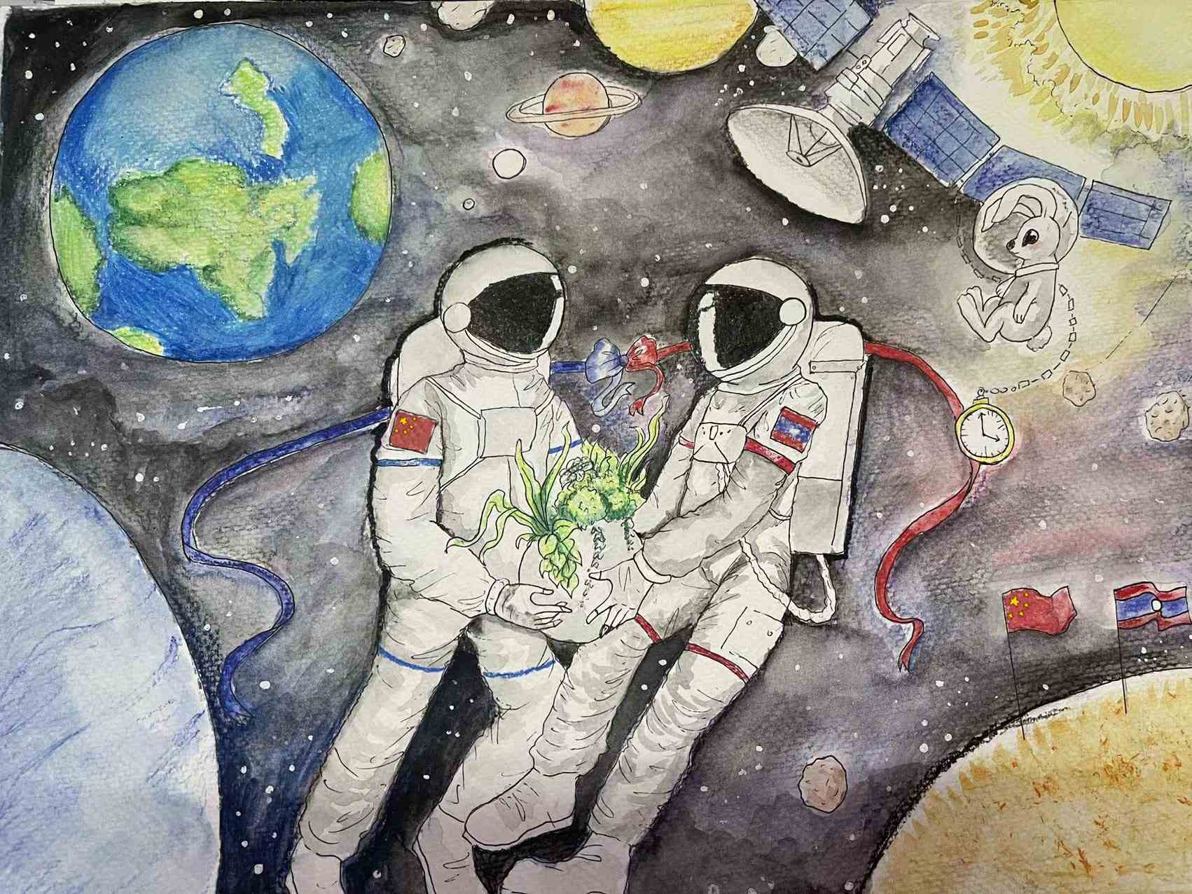航天日绘画作品《永恒的爱》,老挝爱诺·塔那拉