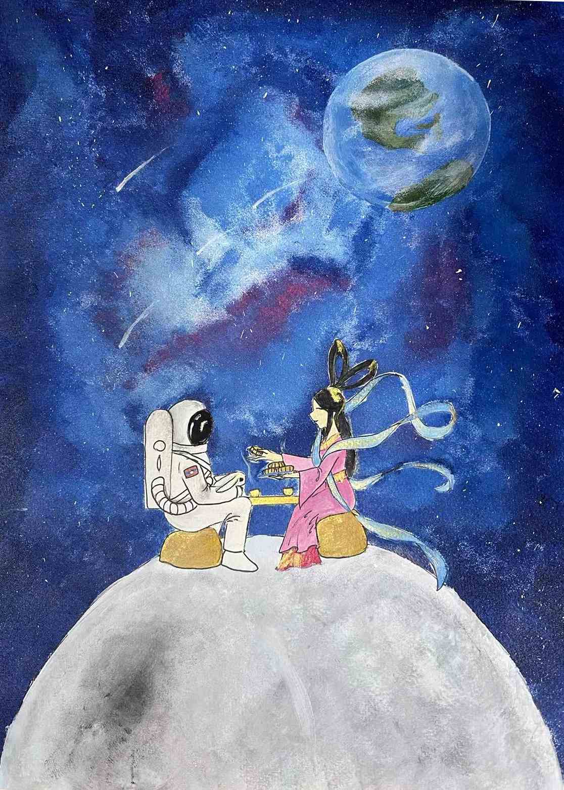 航天日绘画作品《一见钟情》,老挝桑萨婉·庄巴塞