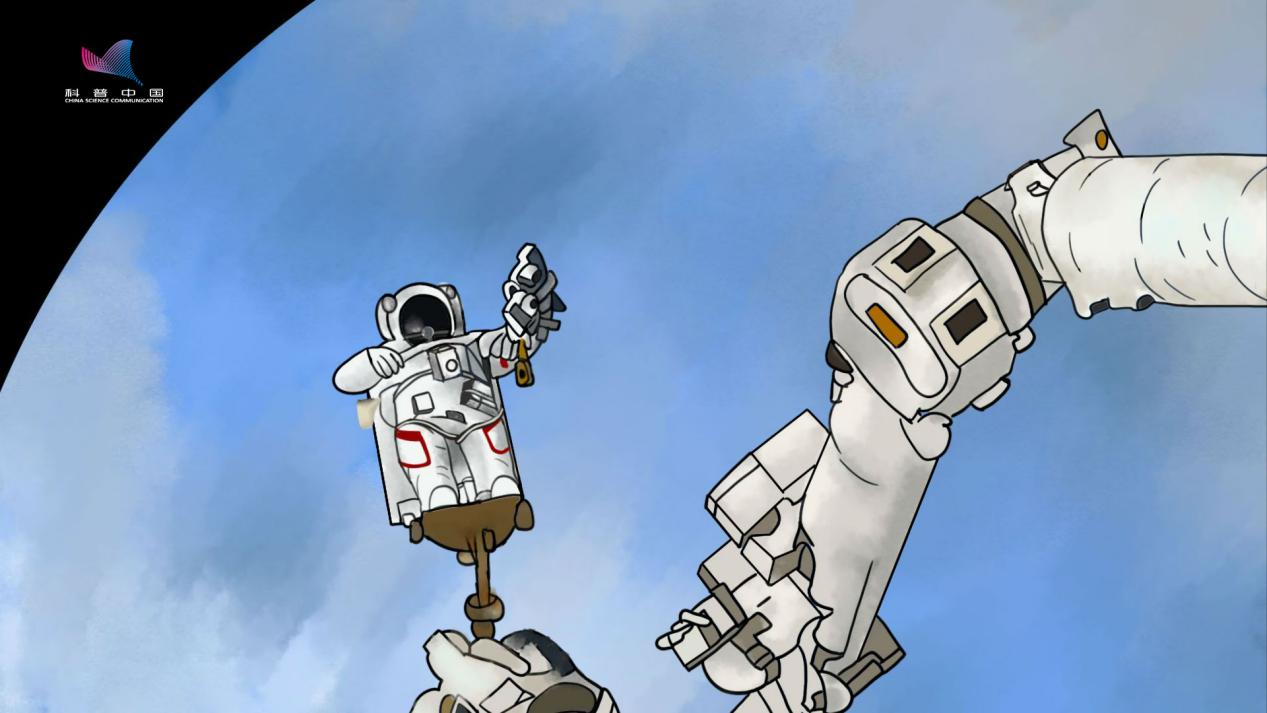机械臂协助航天员进行舱外活动示意图