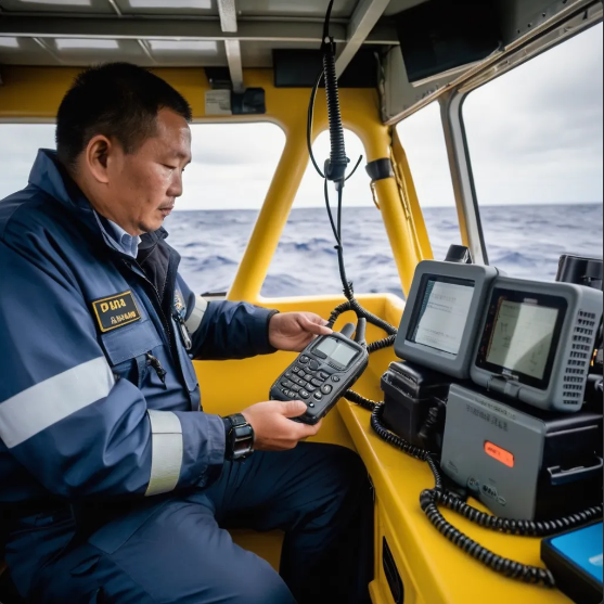 在海上的人们使用卫星电话通信