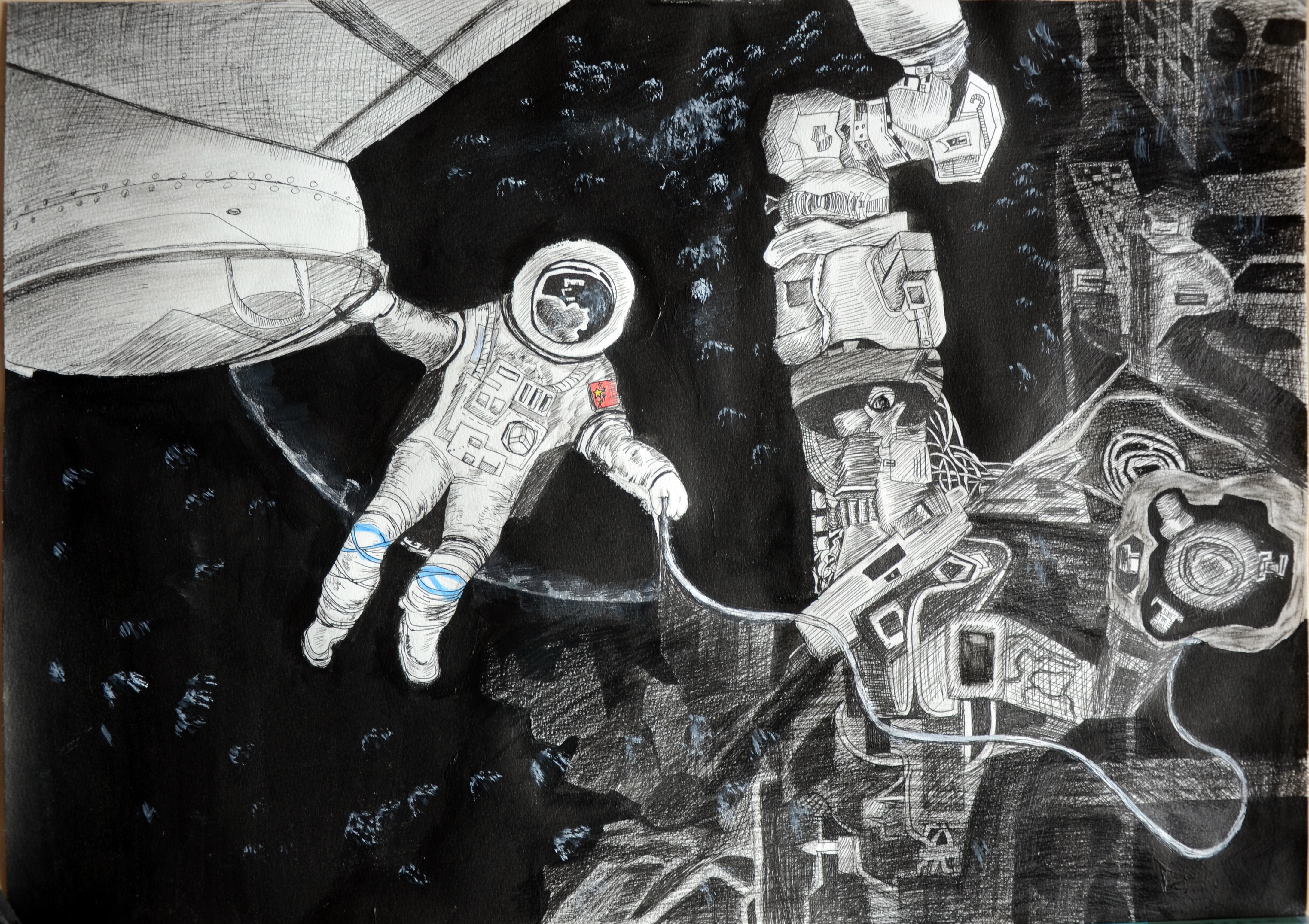 航天日绘画作品《太空维修》,河北省邢台市临城实验中学孙依薇