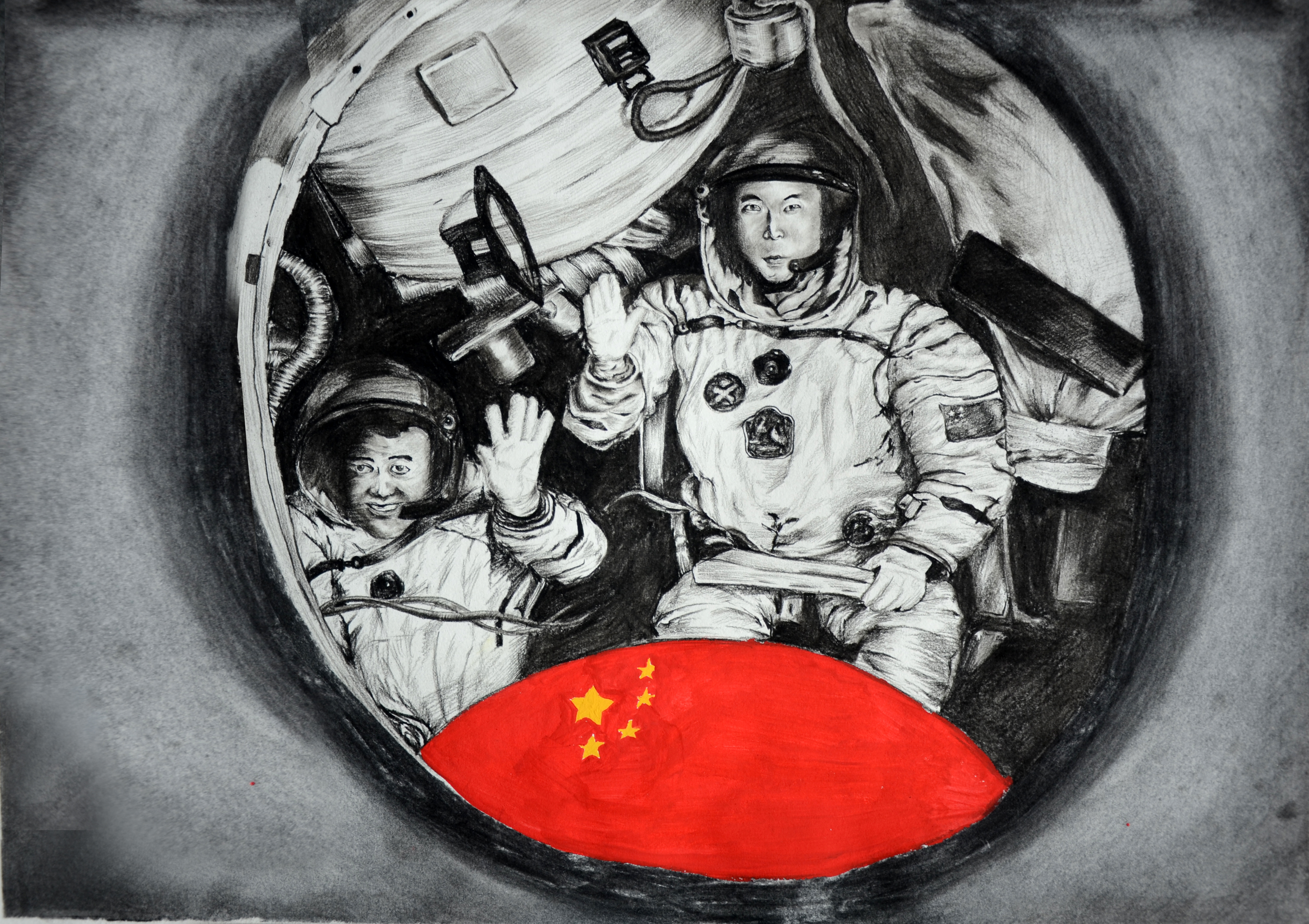 航天日绘画作品《舷窗》,河北省邢台市临城实验中学赵淇怏