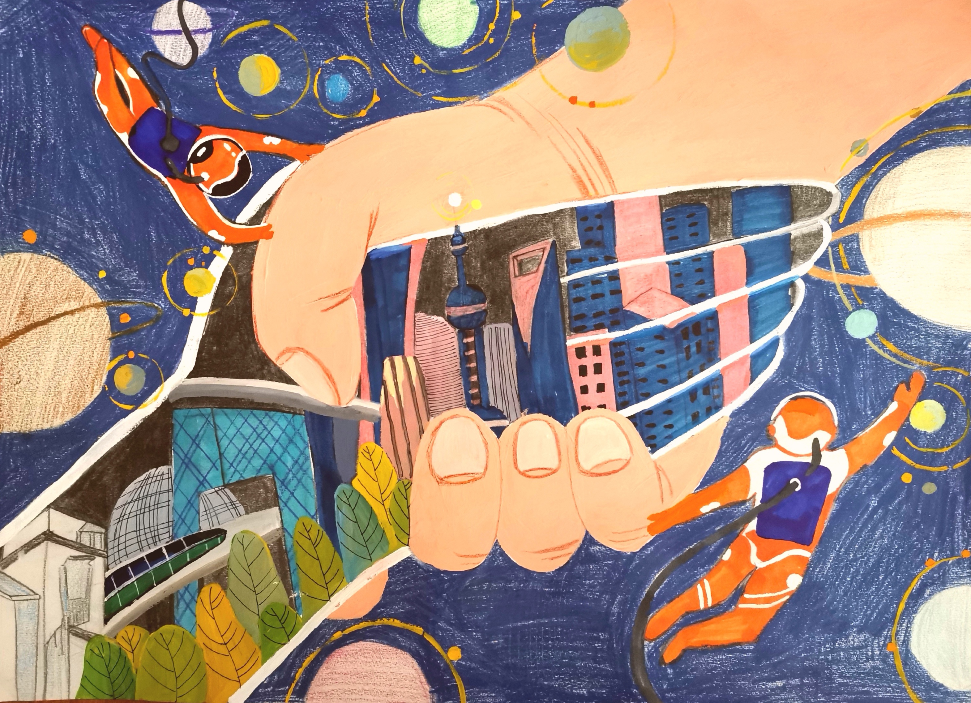 航天日绘画作品《与科技握手》,北京市第十四中学翟陈梓涵