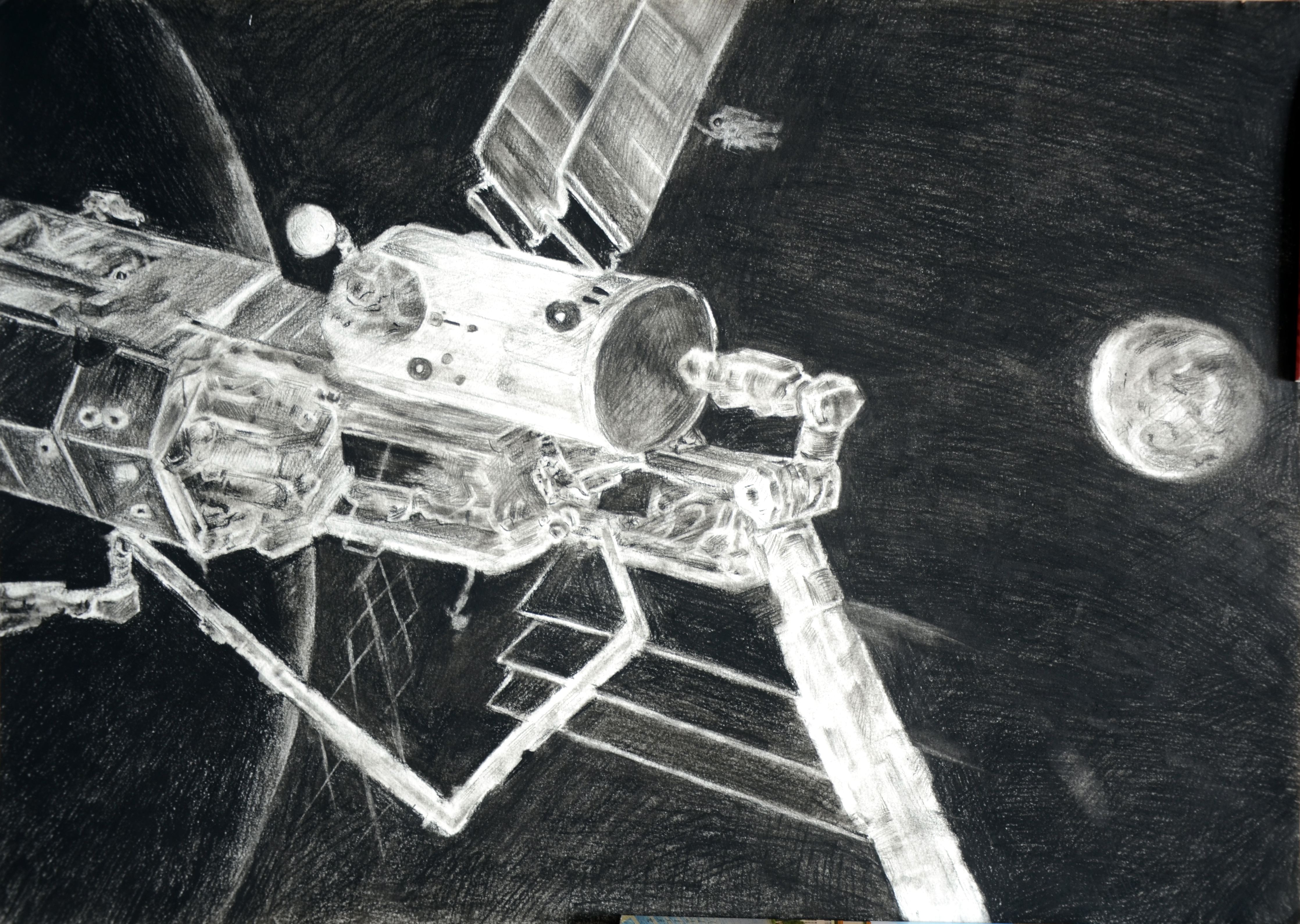 航天日绘画作品《宇宙上的卫星》,河北省邢台市临城实验中学王瑜璇