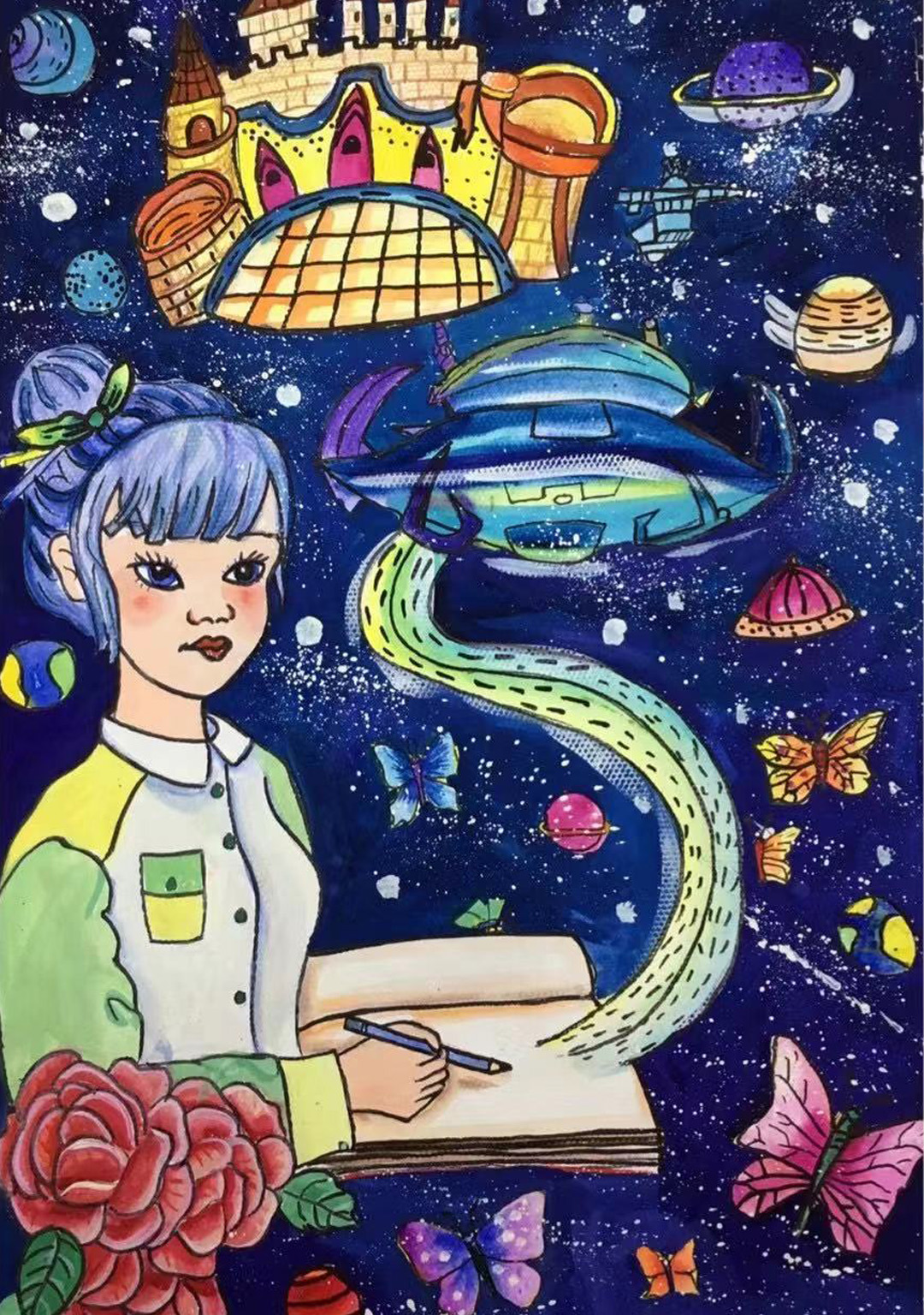 航天日绘画作品《我的蓝色梦想——新时代下的智能宇宙飞船》,北京市平西府中心小学蒋方舟